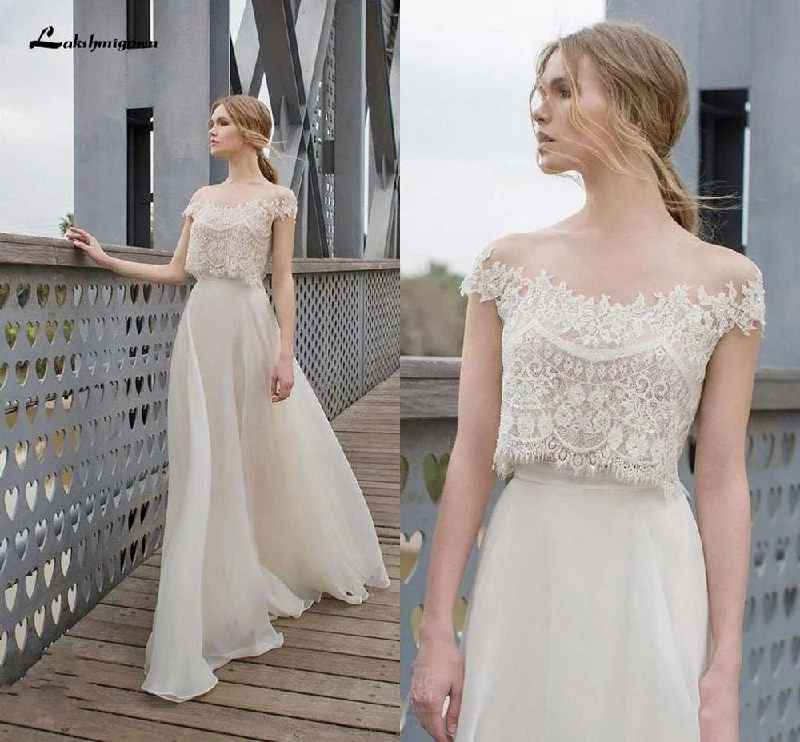 Attire Sale Roycebridal Two Piece BOHO Wedding Dresses Lace Appliques Bodice Illusion Neckline Chiffon A Line Romantic Bohemian Bridal Dresses Summer