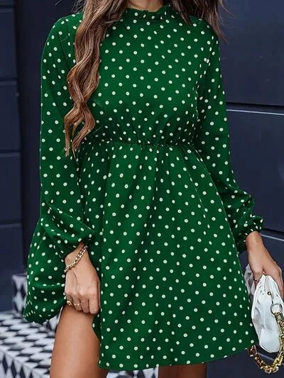 Bold Prints Casual Chic Frill Polka Dot Mock Neck Mini Dress