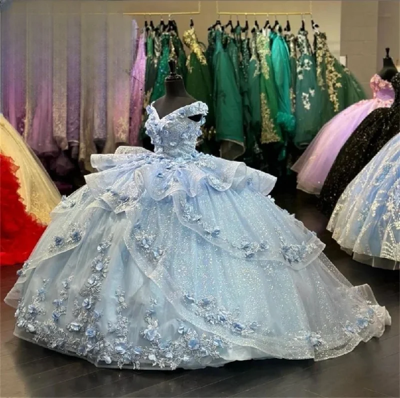 Elevate Your Wardrobe Sky Blue Sparkly Quinceanera Dresses Ball Gown Off The Shoulder Tulle Floral Sweet 16 Dresses 15 Años Mexican