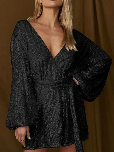 Premium Fashion Sequin Surplice Tie Waist Mini Dress