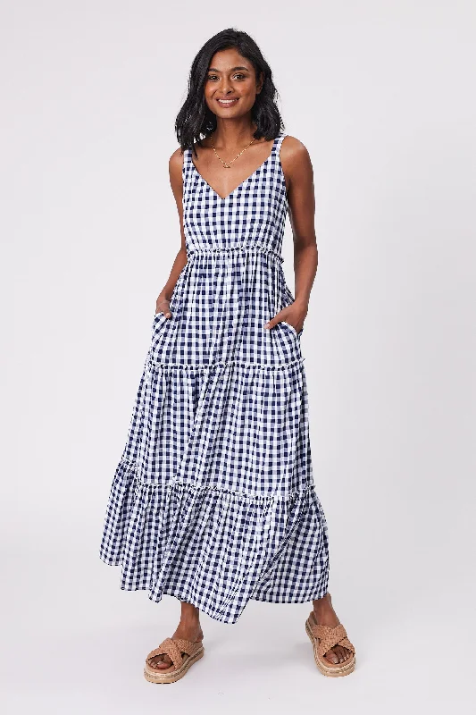 Stylish Women's Apparel Shine On Label Eden Gingham Tiered Maxi Dress Midnight White