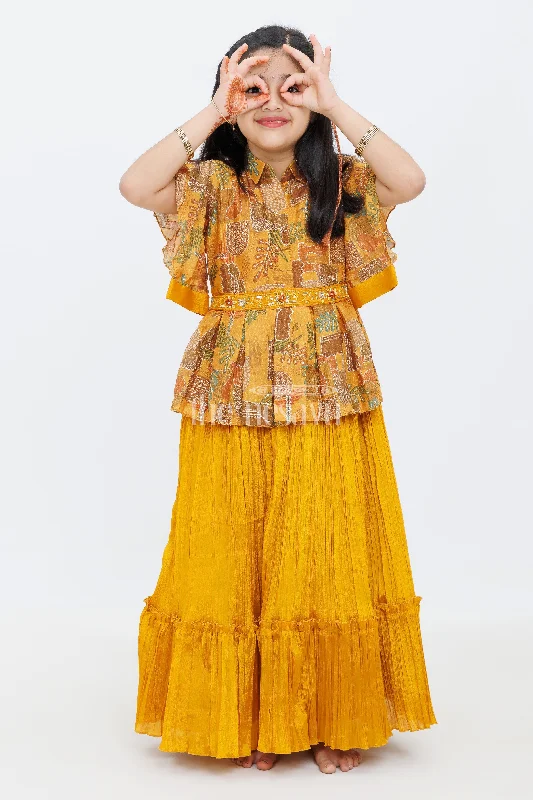 Athleisure Wear Yellow Chinon Silk Printed TwoPiece Look Party Gown for Girls