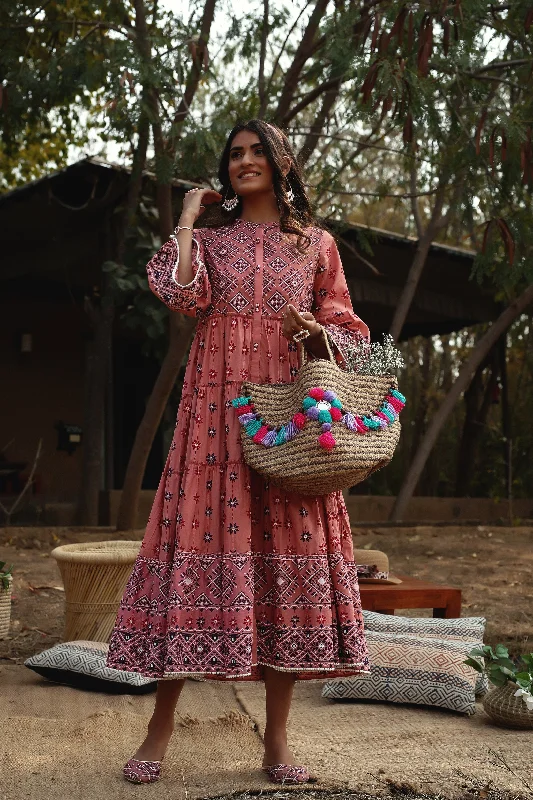 Affordable Online Boutique Juniper Peach Geometric Printed Pure Cotton Tiered Maxi Dress.