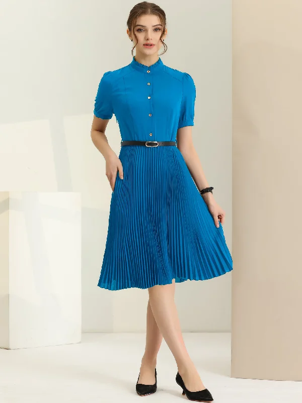 Additional Time-Limited Offers Short Sleeve Ruffle Stand Neck Belted Waist Pleated A Line Midi Dress Additional Time-Limited Offers Short Sleeve Ruffle Stand Neck Belted Waist Pleated A Line Midi Dress