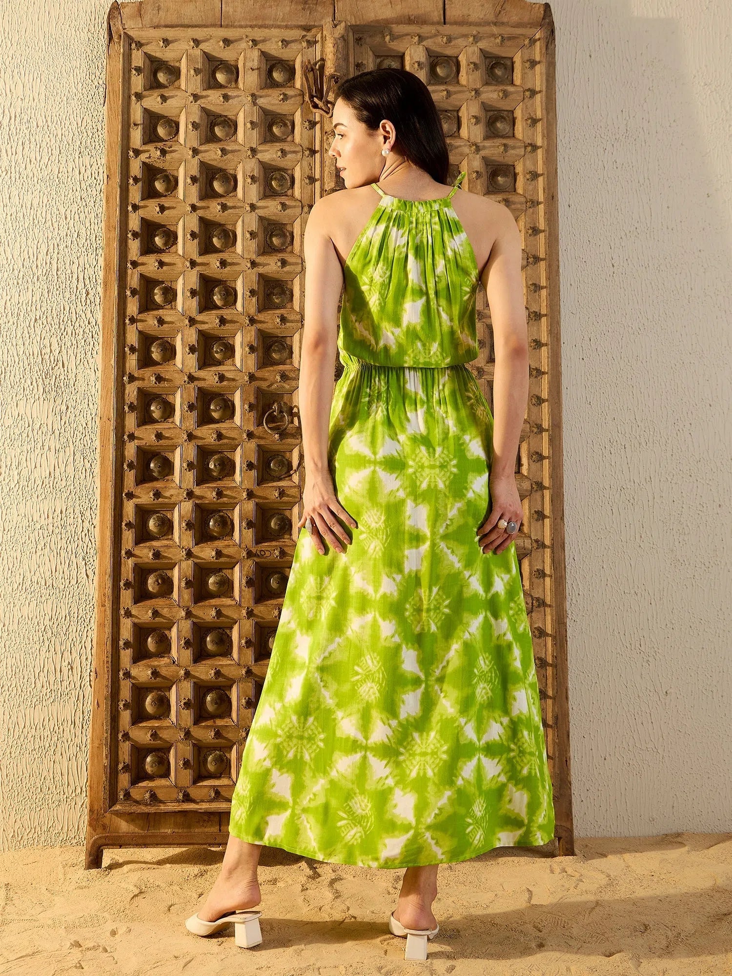 Affordable Women’s Clothing Online Tie up neck with tassels Maxi Dress in Lime Green Tie & Dye-TP0551TD11