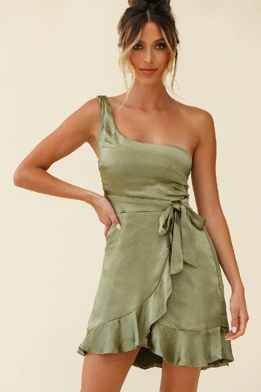 Cheap Women's Clothing Online Waiting For Tonight One Shoulder Faux Wrap Dress Olive