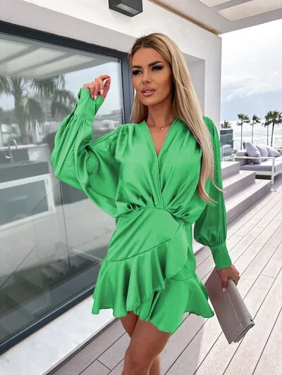 Clothes For Sale Surplice Ruffle Hem Lantern Sleeve Mini Dress