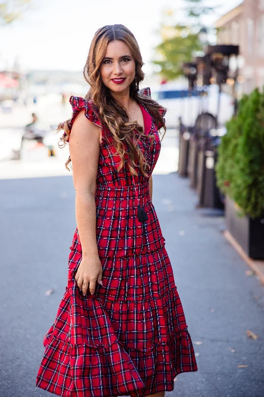 Vibrant Femme Fashion Sail to Sable Mary Midi Dress - Red Tartan