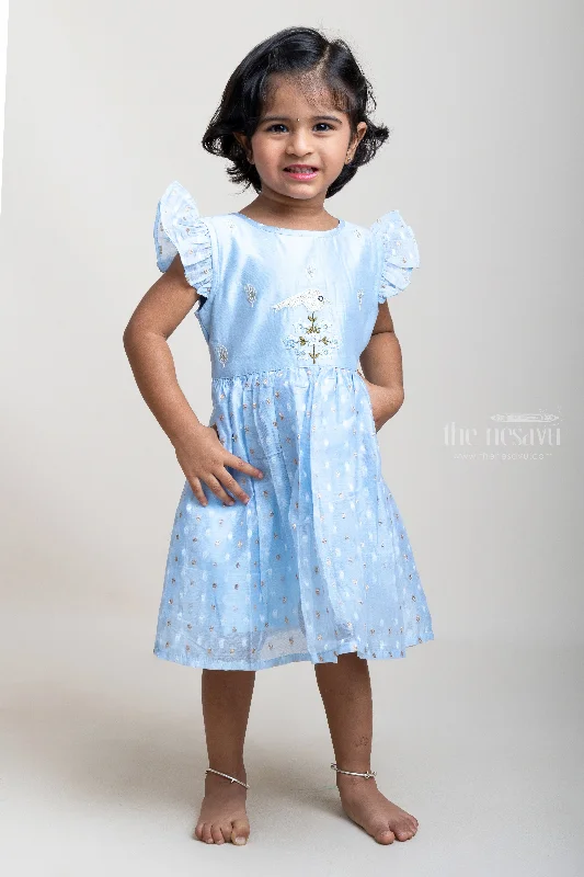 Fashion Essentials Blue Cotton Frock With Designer Thread Embroidery For Girls