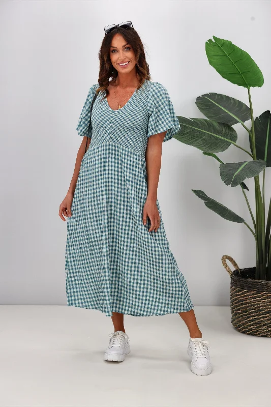 Hot Trends Shine On Label Sumaya Angle Shirred Midi Dress Teal Check