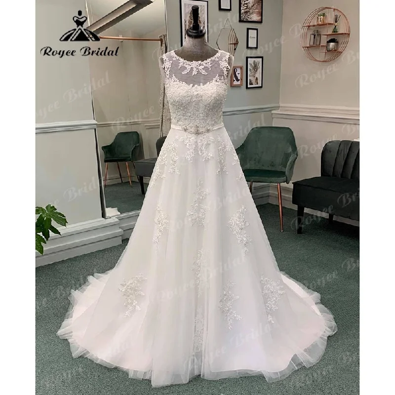 Hot Picks Vintage Lace Appliques Sleeveless Wedding Dress with Belt Illusion Back Wedding Gown for Bride vestido de casamento Sexy Hot Picks Vintage Lace Appliques Sleeveless Wedding Dress with Belt Illusion Back Wedding Gown for Bride vestido de casamento Sexy