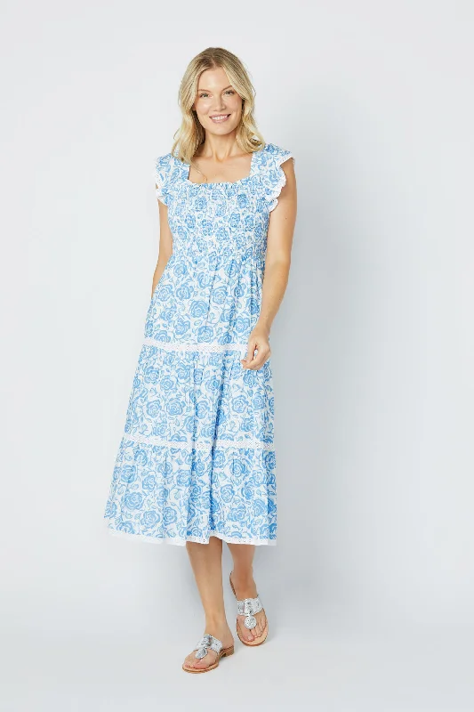 Fashion Forward Sail to Sable Flutter Sleeve Smocked Midi Dress - Blue Rose