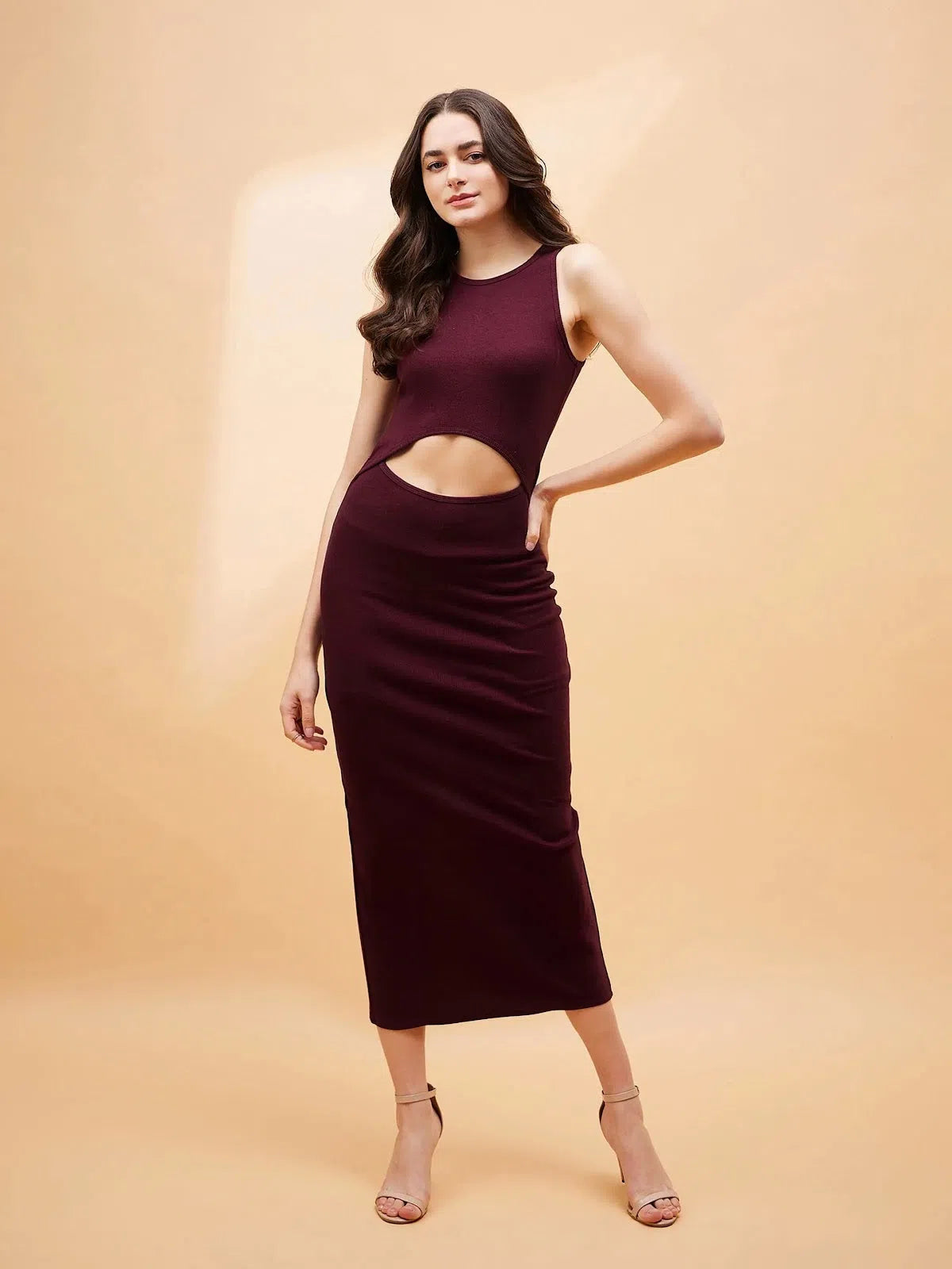 Enjoy Discount Women Burgundy Front Cut Out Rib Midi Dress