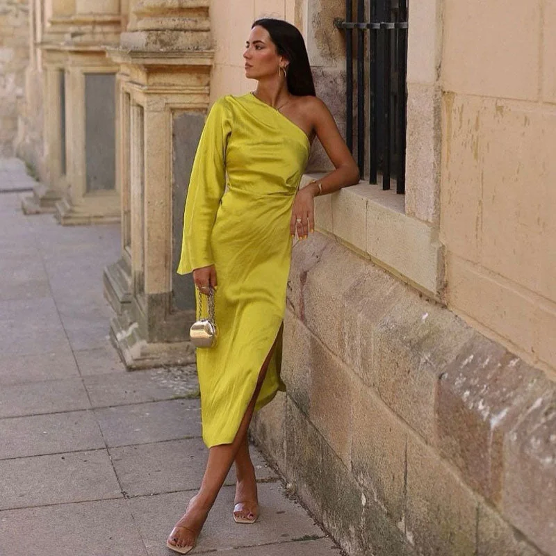 Flash Sales This Week Asymmetric One Shoulder Bell Sleeve Split Midi Dress - Chartreuse Yellow Flash Sales This Week Asymmetric One Shoulder Bell Sleeve Split Midi Dress - Chartreuse Yellow