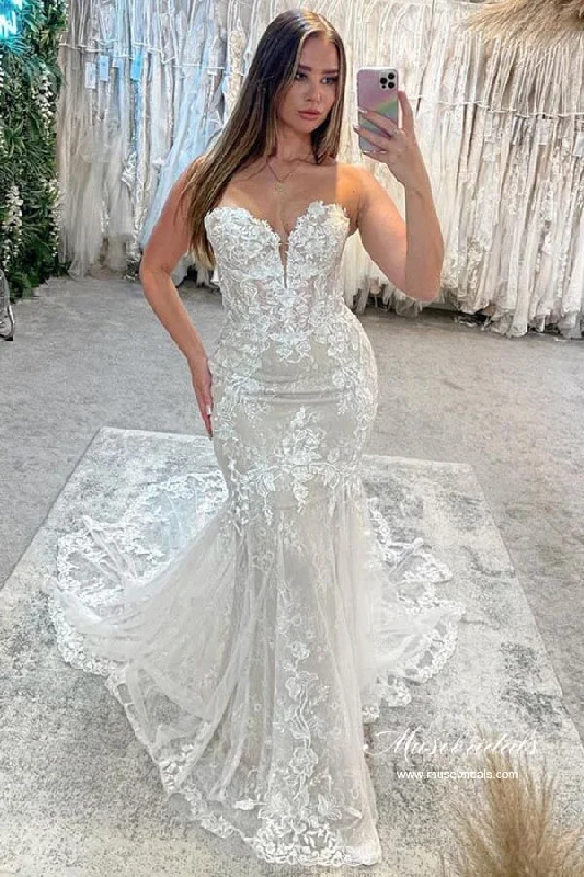 Luxury Fashion Roycebridal Tulle Mermaid Sweetheart Lace Appliques Wedding Dresses With Train, MW922 Luxury Fashion Roycebridal Tulle Mermaid Sweetheart Lace Appliques Wedding Dresses With Train, MW922