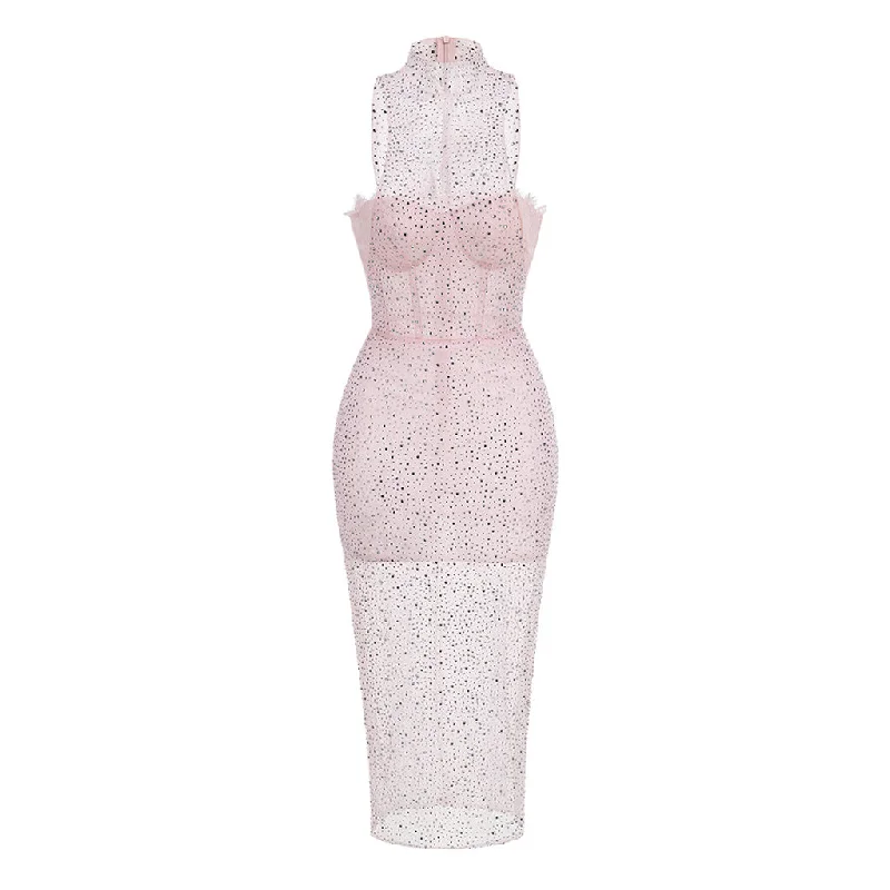 Top Deals Sweet High Neck Bustier Sleeveless Sheer Rhinestone Mesh Midi Dress