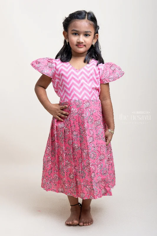 Chic Styles Latest Design Pink Cotton Frock For Girls With Cap Sleeves
