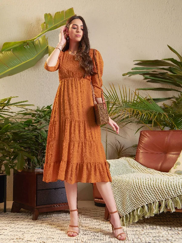 Big Savings Women Rust Dobby Tiered Midi Dress