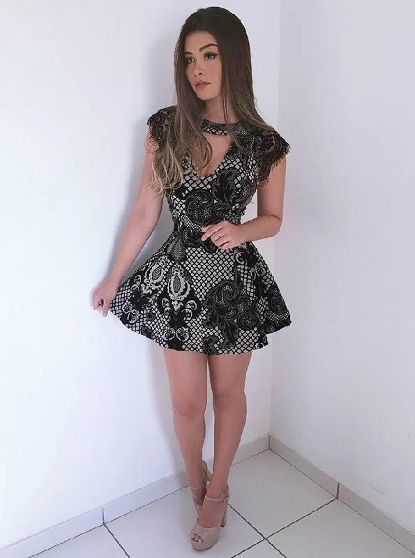 Comfortable Clothes Jewel Cutout Lace Short Mini Dress Cap Sleeve Black Appliques Party Dress OM279