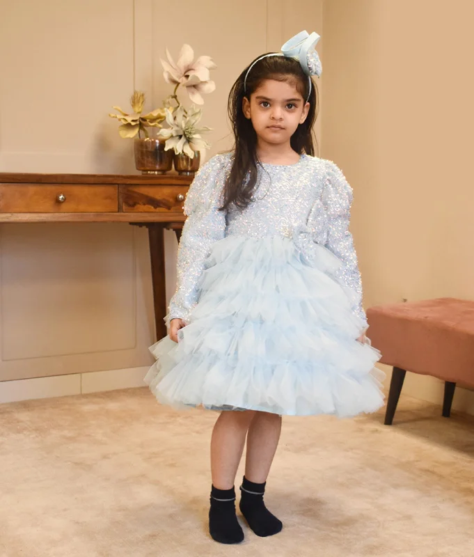 Trend Leading Collection Pre-Order - Blue Embroidered Net Frock for Girls