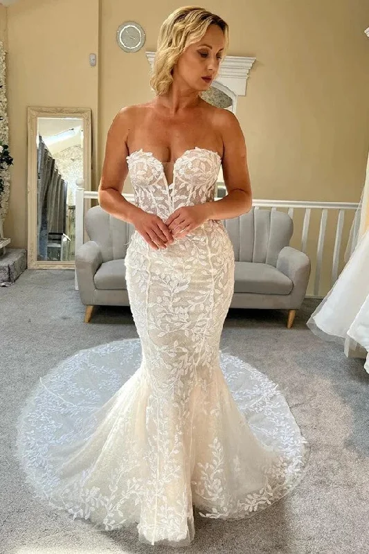 Elegant Women’s Fashion Roycebridal Tulle Mermaid Strapless Sweetheart Lace Appliqued Wedding Dresses, MW1000 Elegant Women’s Fashion Roycebridal Tulle Mermaid Strapless Sweetheart Lace Appliqued Wedding Dresses, MW1000