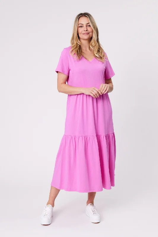 New Season Fashion Preview Sale Shine On Essentials Tiered Midi Dress Super Pink