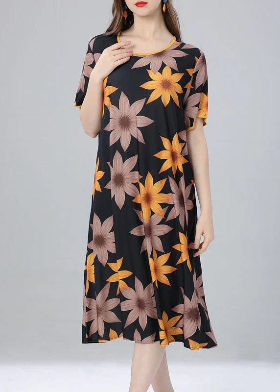 Exclusive Discount French Yellow O Neck Floral Patchwork Cotton Dress Summer