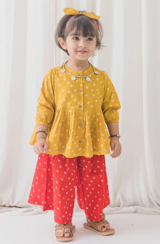 Unleash Your Fashion Pre-Order : Girls Bandhani Polka Top Set - Yellow