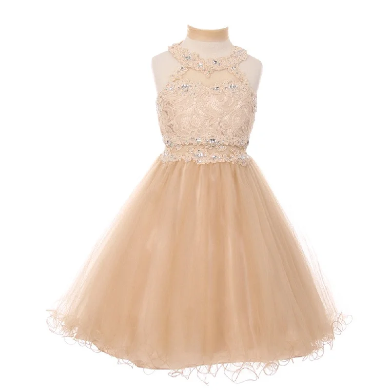 New Styles Just In Little Girls Champagne Rhinestone Halter Neck Lace Flower Girl Dress 4-6 New Styles Just In Little Girls Champagne Rhinestone Halter Neck Lace Flower Girl Dress 4-6
