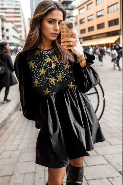 Trendy Women’s Dresses Online Star Sequin Round Neck Flounce Sleeve Mini Dress