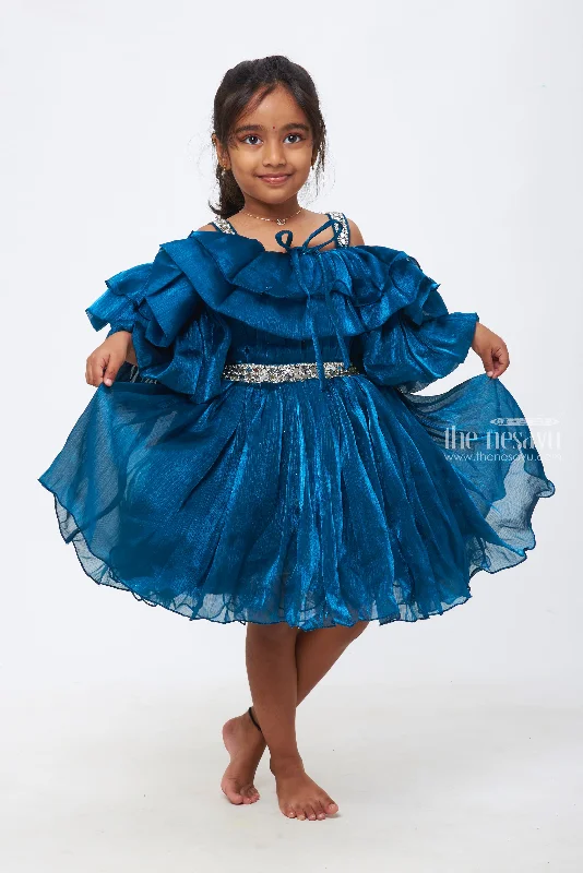 Glamorous Evening Wear Azure Elegance: Girls Deep Blue Organza Ruffle Frock with Crystal Embellishments Glamorous Evening Wear Azure Elegance: Girls Deep Blue Organza Ruffle Frock with Crystal Embellishments