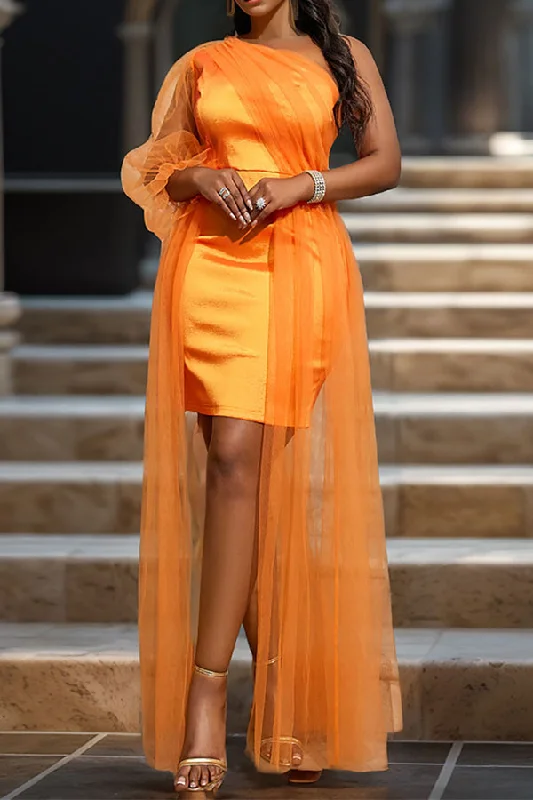 Shop Our Looks Solid Color One Shoulder Striking Tulle Patchwork Mini Dress