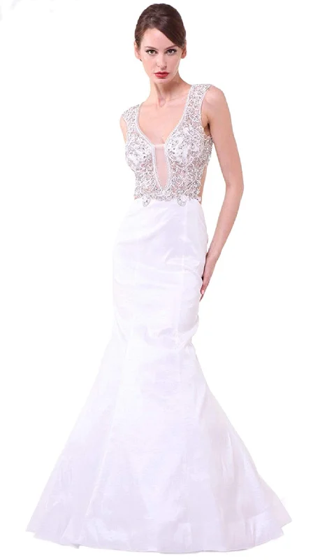 Chic And Comfortable Cinderella Divine - Plunging Illusion Notched Embellished Evening Gown Chic And Comfortable Cinderella Divine - Plunging Illusion Notched Embellished Evening Gown