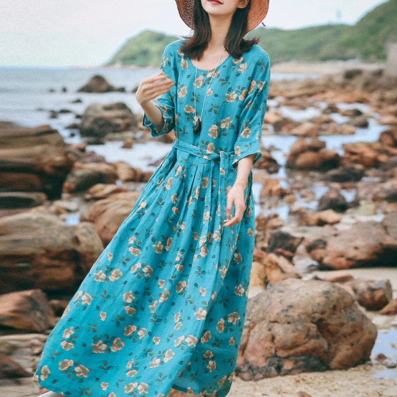 Women’s Evening Wear vintage blue floral linen caftans oversize o neck baggy dresses caftans New Three Quarter sleeve tie waist gown Women’s Evening Wear vintage blue floral linen caftans oversize o neck baggy dresses caftans New Three Quarter sleeve tie waist gown