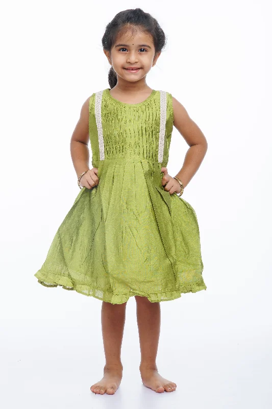 Bold Fashion Girls' Lime Green Pleated Cotton Sundress with Lace Accents