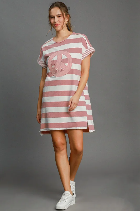 Online Boutiques Clothing Umgee Peace Applique Striped Short Sleeve Mini Dress