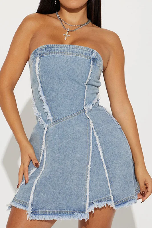 Best Deals Of The Season Washed Denim Burrs Patchwork Girly Strapless Mini Dress