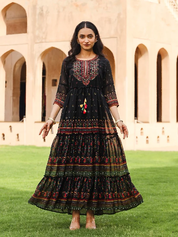 Athleisure Wear Black Ethnic Motif Printed Georgette Maxi Dress With Sequins & Doris At Waist