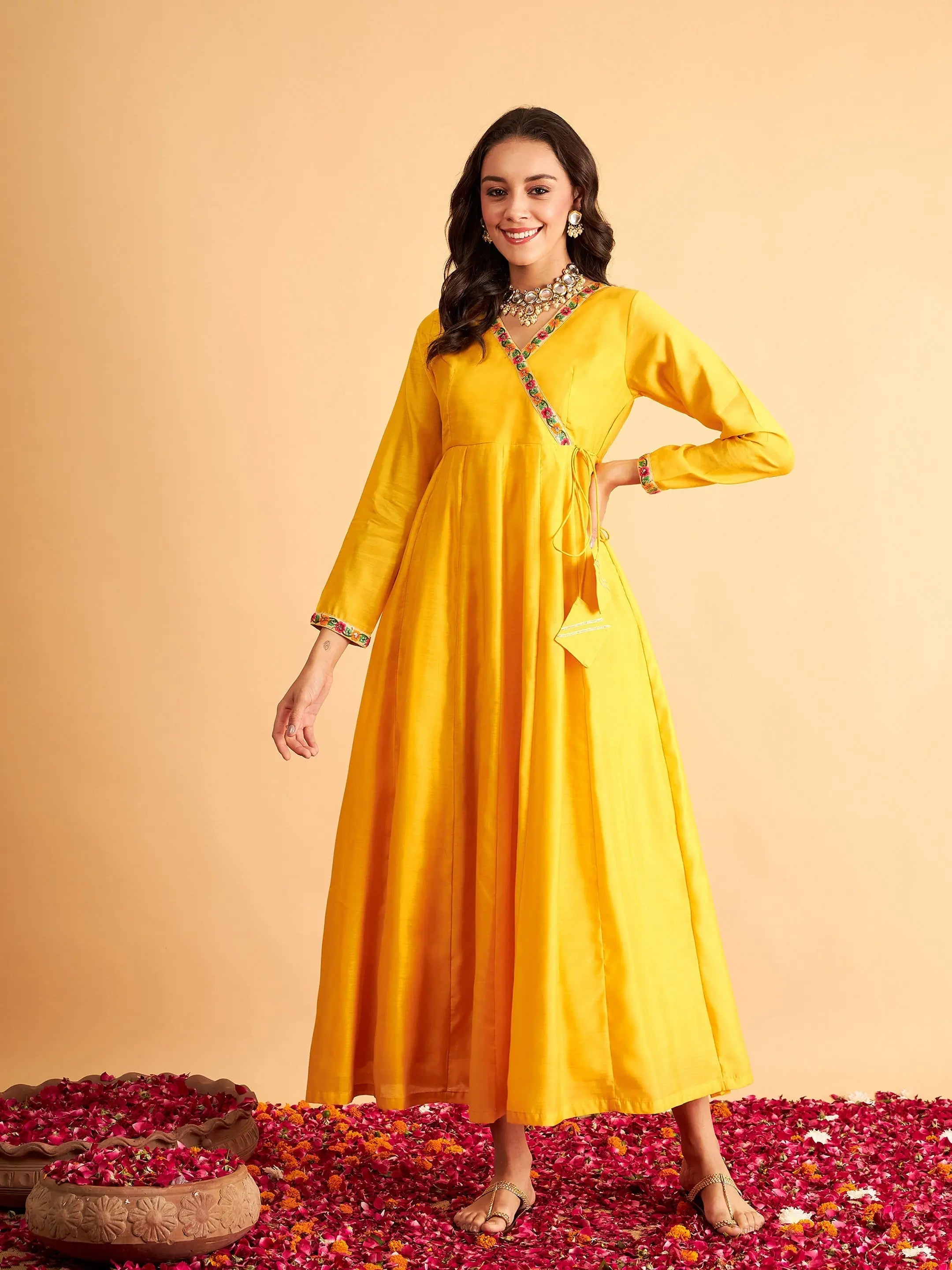 Quick Grab Deals Women Yellow Solid Wrap Neck Anarkali Maxi Dress