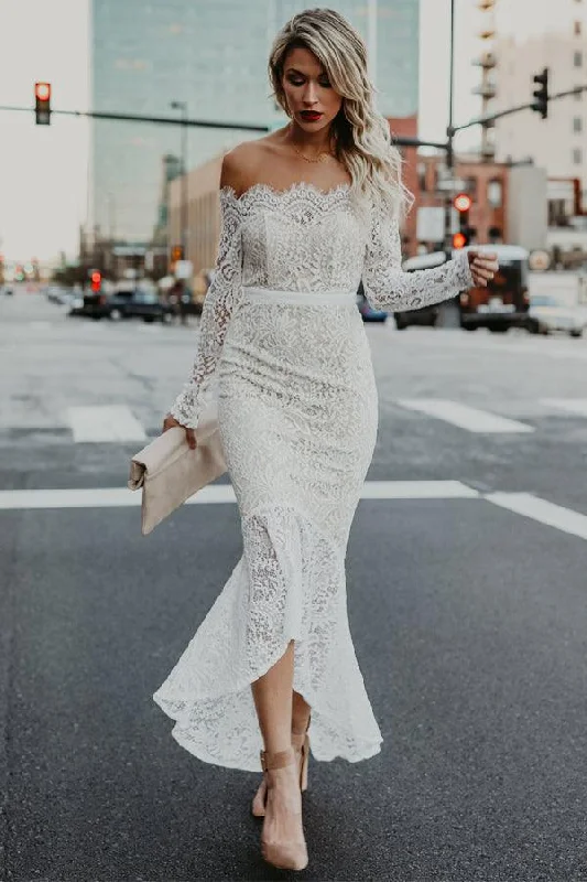 Women’s High Street Fashion Roycebridal Lace Mermaid Off Shoulder High Low Long Sleeves Wedding Dresses, MW1025 Women’s High Street Fashion Roycebridal Lace Mermaid Off Shoulder High Low Long Sleeves Wedding Dresses, MW1025