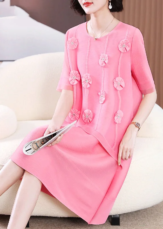 Workwear Fashion for Women Cute Pink O-Neck Floral Patchwork Long Dress Short Sleeve Workwear Fashion for Women Cute Pink O-Neck Floral Patchwork Long Dress Short Sleeve