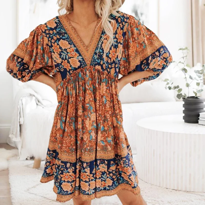 Premium Style Lady Floral Vintage Long Sleeve Hippie  Ruffles Bohemian Dress