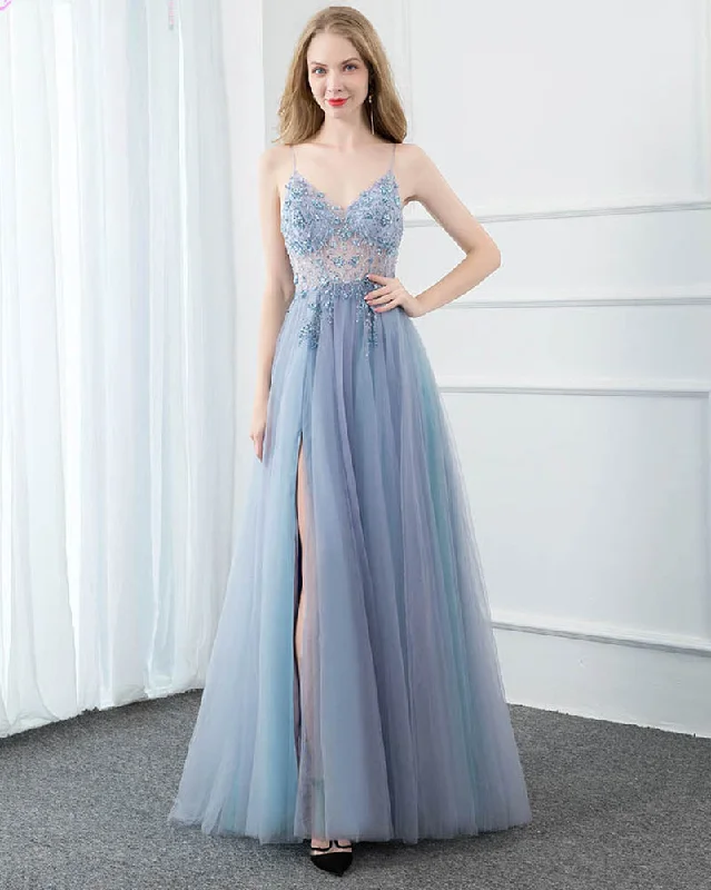 Limited Stock, Big Sale V Neck Beading Spaghetti Blue Tulle Long Graduation Dress Girls Formal Prom Dress PL08083
