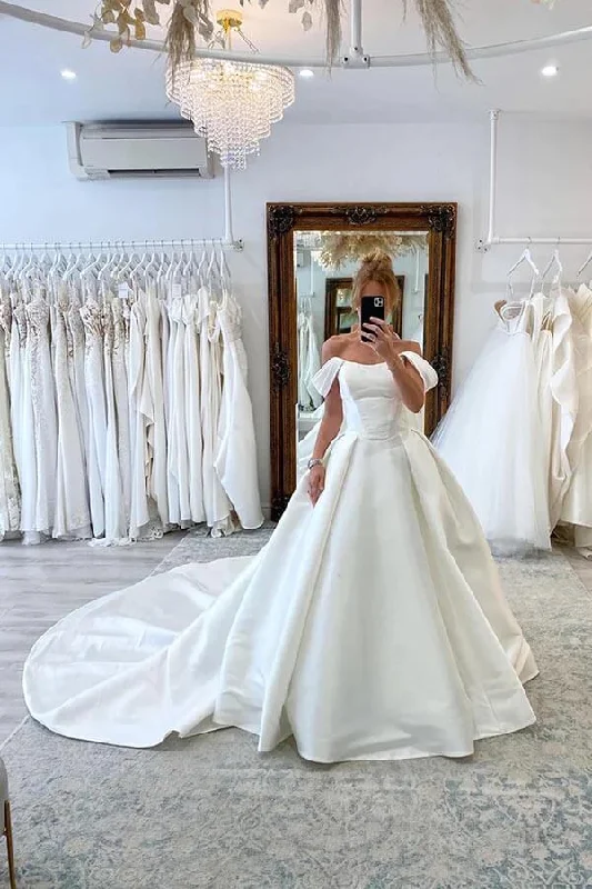 Online Boutiques Best Roycebridal Satin Ball Gown Off-the-Shoulder Wedding Dresses With Court Train, MW906 Online Boutiques Best Roycebridal Satin Ball Gown Off-the-Shoulder Wedding Dresses With Court Train, MW906