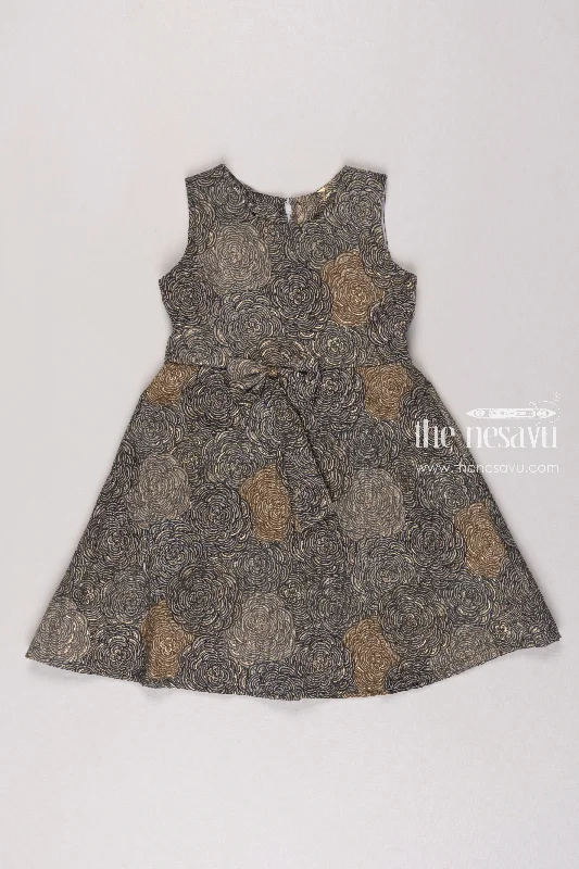 Relaxed Style Slate Swirl Grey Rosette A Line Frock Gown for Girls
