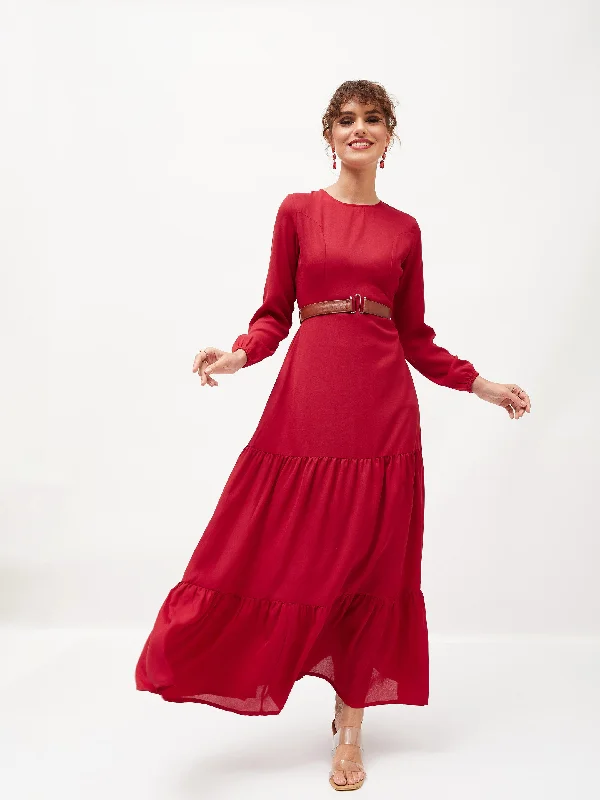 Elegant Clothing Women Maroon Belted Tiered Maxi Dress