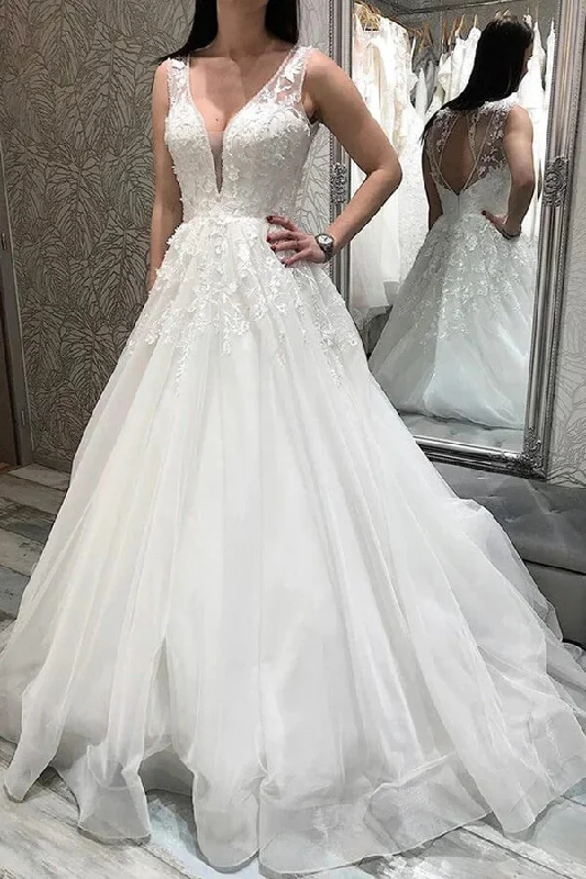 Stylish Spring Fashion Roycebridal Tulle A-line V-neck Wedding Dresses With Lace Appliques, Bridal Gowns, MW818