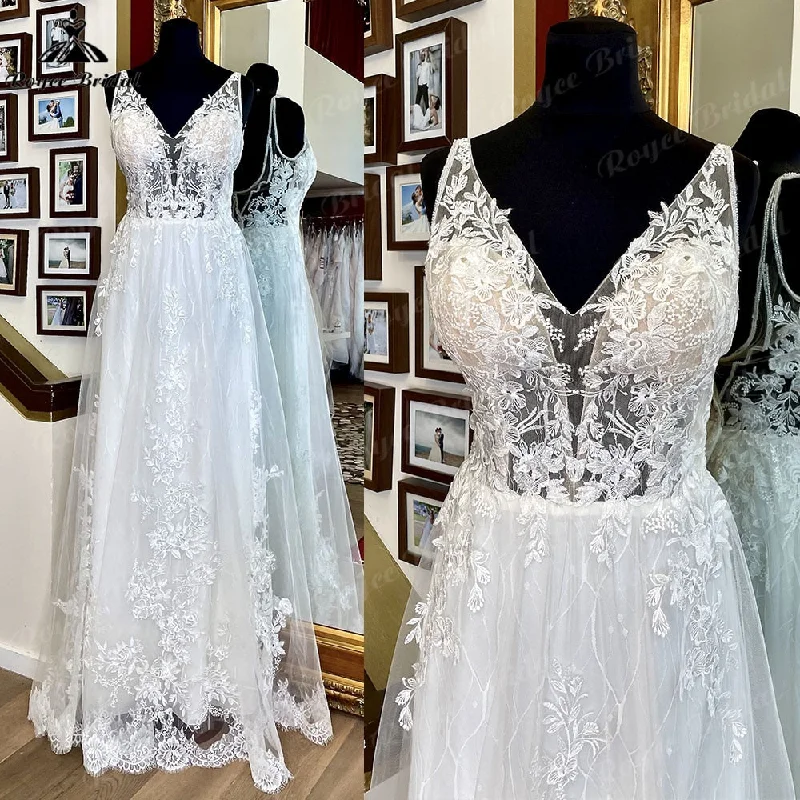 Flash Sale Starts 2025 Lace Appliques A Line Boho Wedding Dress with V Neck Open Back Bridal Gowns for Women Beach vestido invitada boda Vintage Flash Sale Starts 2025 Lace Appliques A Line Boho Wedding Dress with V Neck Open Back Bridal Gowns for Women Beach vestido invitada boda Vintage
