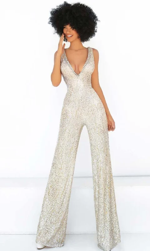 Evening Looks Tarik Ediz - 51039 Sequined Plunging Shiny Jumpsuit