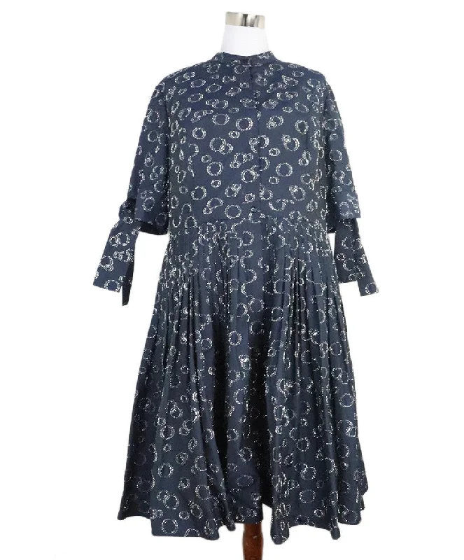 Unleash Your Trendy Side Carolina Herrera Navy & Silver Silk Dress sz 16
